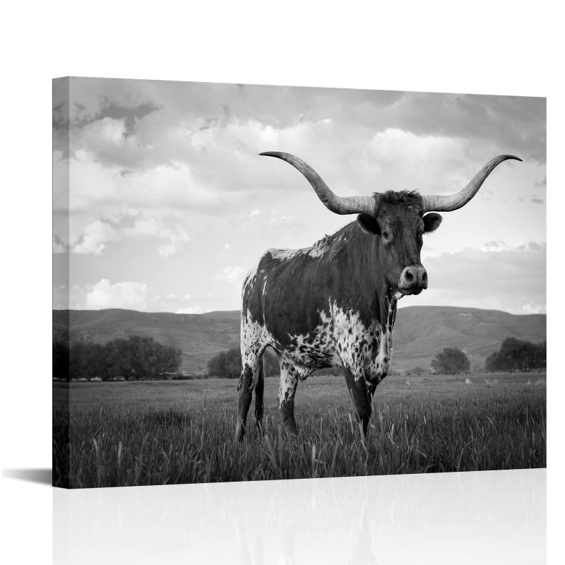 Visual Art Decor Longhorn Cow Pictures Black and White Cow Painting Canvas Wall Art Framed Artwork for Home Decor 24inchx32inch - Image 1